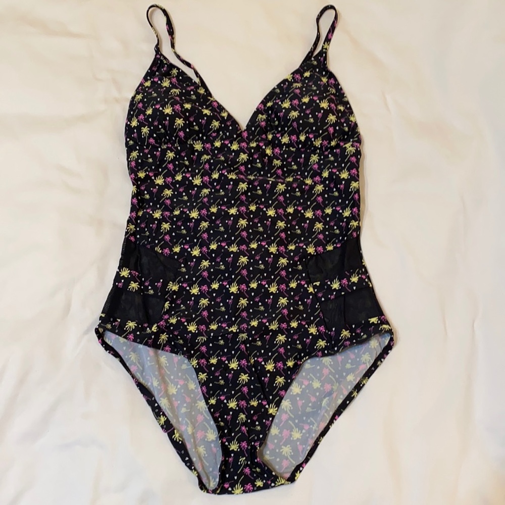 Bawdy Black Palm Trees One Piece Swimsuit, Large